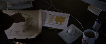 Movie still from “The Martian” (2015), directed by Ridley Scott – An open box next to an electronic device and a notebook; Extreme Close Up shot, Overhead angle
