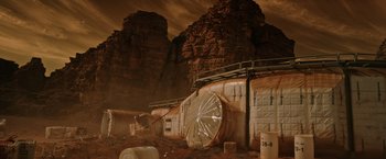 Movie still from “The Martian” (2015), directed by Ridley Scott – An image of an alien space station in the desert; Extreme Wide shot, High angle