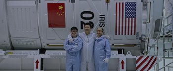 Movie still from “The Martian” (2015), directed by Ridley Scott – A group of men standing next to each other; Wide shot, Overhead angle