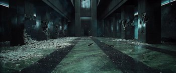 Movie still from “The Matrix” (1999), directed by Lana Wachowski – A hallway in a building that has been demolished; Extreme Wide shot, High angle