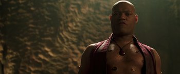 Movie still from “The Matrix Reloaded” (2003), directed by Lana Wachowski – A bald man with no shirt is standing in front of a stone wall; Close Up shot, Low angle