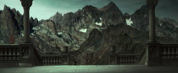 Movie still from “The Matrix Reloaded” (2003), directed by Lana Wachowski – An image of an outdoor scene that looks like a mountain range; Extreme Wide shot, High angle