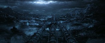 Movie still from “The Matrix Revolutions” (2003), directed by Lilly Wachowski – An overhead view of an ocean with a dark sky; Extreme Wide shot, High angle