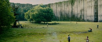 Movie still from “The Maze Runner” (2014), directed by Wes Ball – A man flying a kite in a field near a tree; Extreme Wide shot, High angle