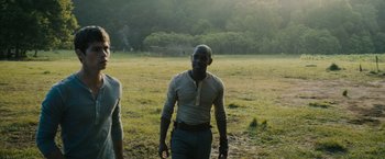 Movie still from “The Maze Runner” (2014), directed by Wes Ball – A man standing in a field with trees in the background; Medium shot, Over the shoulder angle