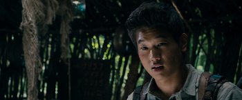 Movie still from “The Maze Runner” (2014), directed by Wes Ball – A young man in a forest with trees in the background; Close Up shot, Low angle
