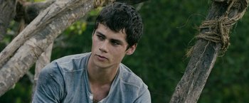 Movie still from “The Maze Runner” (2014), directed by Wes Ball – A young man is sitting on a tree branch; Close Up shot, Low angle