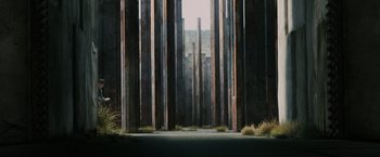 Movie still from “The Maze Runner” (2014), directed by Wes Ball – A view of a forest with tall buildings in the background; Extreme Wide shot, Low angle