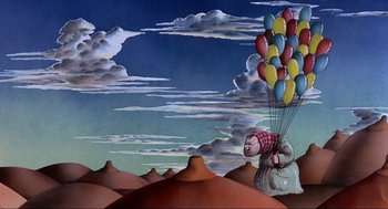 Movie still from “The Meaning of Life” (1983), directed by Terry Jones – An illustration of a person flying a bunch of balloons; Wide shot, Low angle