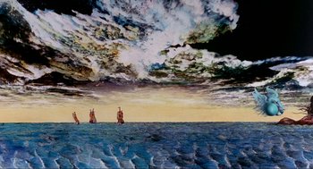 Movie still from “The Meaning of Life” (1983), directed by Terry Jones – A painting of three ships sailing in the ocean under a cloudy sky; Extreme Wide shot, Low angle