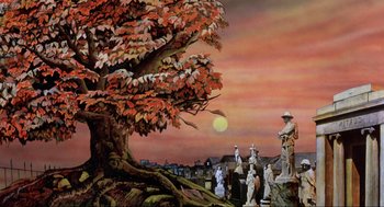 Movie still from “The Meaning of Life” (1983), directed by Terry Jones – A painting of a tree with a sunset in the background; Extreme Wide shot, Low angle