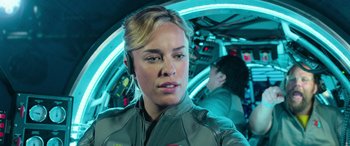 Movie still from “The Meg” (2018), directed by Jon Turteltaub – A person in a space suit; Close Up shot, Over the shoulder angle