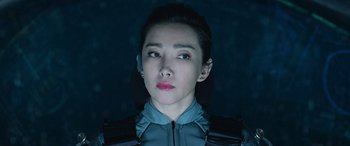 Movie still from “The Meg” (2018), directed by Jon Turteltaub – A person wearing a uniform; Close Up shot, Low angle