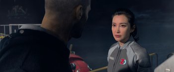 Movie still from “The Meg” (2018), directed by Jon Turteltaub – A man and a woman are looking at one another; Close Up shot, Over the shoulder angle