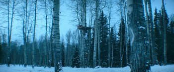Movie still from “The Mother” (2023), directed by Niki Caro – A person flying a kite in the middle of a snowy forest; Extreme Wide shot, Low angle