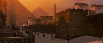 Movie still from “The Mummy” (1999), directed by Stephen Sommers – An image of a group of people standing in front of a wall; Extreme Wide shot, Low angle