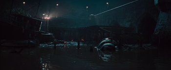 Movie still from “The Mummy” (2017), directed by Alex Kurtzman – A boat in the middle of a flooded area; Extreme Wide shot, High angle
