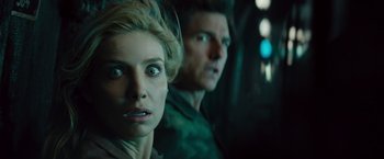 Movie still from “The Mummy” (2017), directed by Alex Kurtzman – A man and a woman are looking into the distance; Close Up shot, Over the shoulder angle