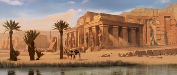 Movie still from “The Mummy Returns” (2001), directed by Stephen Sommers – A painting of two cows standing in front of an egyptian temple; Extreme Wide shot, Low angle