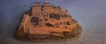 Movie still from “The Mummy Returns” (2001), directed by Stephen Sommers – An artistic picture of a desert like landscape; Extreme Wide shot, High angle