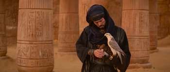 Movie still from “The Mummy Returns” (2001), directed by Stephen Sommers – A man holding a bird in his hands; Medium shot, Over the shoulder angle