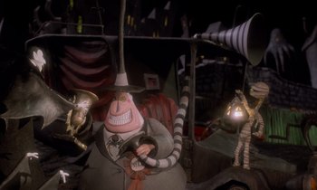 Movie still from “The Nightmare Before Christmas” (1993), directed by Henry Selick – A character in a costume; Wide shot, Low angle