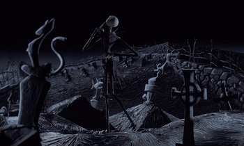 Movie still from “The Nightmare Before Christmas” (1993), directed by Henry Selick – A scene of jack skellington from the nightmare before christmas; Extreme Wide shot, High angle