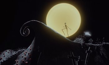 Movie still from “The Nightmare Before Christmas” (1993), directed by Henry Selick – A scene from the movie the nightmare before christmas; Wide shot, Low angle