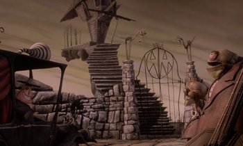 Movie still from “The Nightmare Before Christmas” (1993), directed by Henry Selick – An image of a scene in a movie setting; Wide shot, High angle