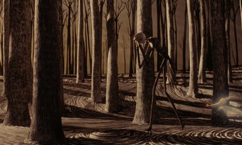 Movie still from “The Nightmare Before Christmas” (1993), directed by Henry Selick – A skeleton standing in the middle of a forest; Wide shot, Low angle