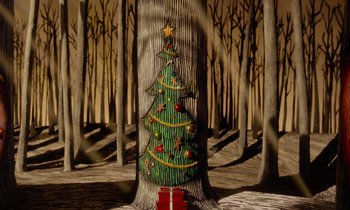 Movie still from “The Nightmare Before Christmas” (1993), directed by Henry Selick – A christmas tree made out of a tree trunk in the middle of a forest; Extreme Wide shot, Low angle