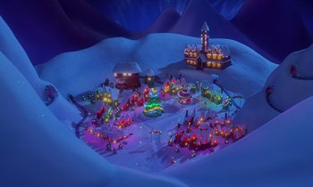 Movie still from “The Nightmare Before Christmas” (1993), directed by Henry Selick – An image of an animated christmas scene in the snow; Extreme Wide shot, High angle