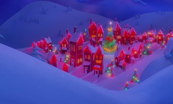 Movie still from “The Nightmare Before Christmas” (1993), directed by Henry Selick – An animated christmas village with a tree and lights; Extreme Wide shot, High angle