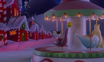 Movie still from “The Nightmare Before Christmas” (1993), directed by Henry Selick – A merry - go - round in a christmas theme park; Extreme Wide shot, High angle