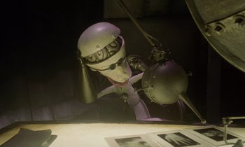 Movie still from “The Nightmare Before Christmas” (1993), directed by Henry Selick – A robot with a helmet on is looking into a mirror; Medium shot, High angle