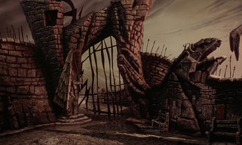 Movie still from “The Nightmare Before Christmas” (1993), directed by Henry Selick – An artistic rendering of a castle with a gate; Extreme Wide shot, High angle