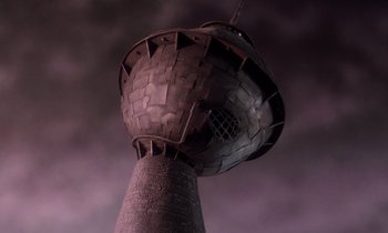 Movie still from “The Nightmare Before Christmas” (1993), directed by Henry Selick – A very tall building with a very unusual design; Extreme Wide shot, Low angle