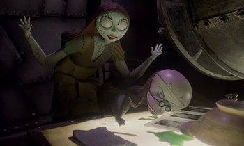 Movie still from “The Nightmare Before Christmas” (1993), directed by Henry Selick – A woman is sitting in front of a mirror; Medium shot, High angle
