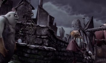 Movie still from “The Nightmare Before Christmas” (1993), directed by Henry Selick – An image of an animated scene in a dark place; Wide shot, Low angle