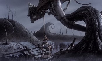 Movie still from “The Nightmare Before Christmas” (1993), directed by Henry Selick – An image of an animated scene with a crane; Extreme Wide shot, High angle