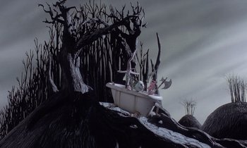 Movie still from “The Nightmare Before Christmas” (1993), directed by Henry Selick – A scene with a bathtub and trees in the background; Extreme Wide shot, High angle