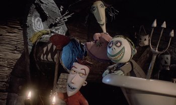 Movie still from “The Nightmare Before Christmas” (1993), directed by Henry Selick – A group of puppets that are hanging from the ceiling; Wide shot, Low angle