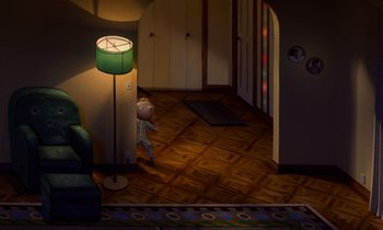 Movie still from “The Nightmare Before Christmas” (1993), directed by Henry Selick – A cartoon of a baby in a room with a lamp; Extreme Wide shot, High angle