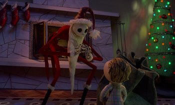 Movie still from “The Nightmare Before Christmas” (1993), directed by Henry Selick – A jack skellington character and a child in a room; Medium shot, Low angle