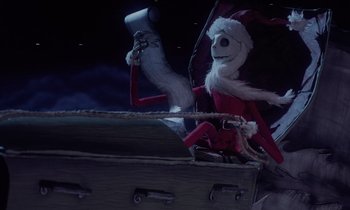 Movie still from “The Nightmare Before Christmas” (1993), directed by Henry Selick – A scene of a christmas character sitting on a boat; Medium shot, Low angle