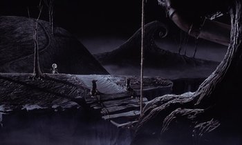 Movie still from “The Nightmare Before Christmas” (1993), directed by Henry Selick – A painting of a man sitting on a raft in the middle of the night; Extreme Wide shot, High angle