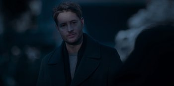 Movie still from “The Noel Diary” (2022), directed by Charles Shyer – A person wearing a coat; Close Up shot, Over the shoulder angle