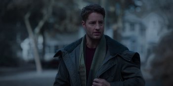 Movie still from “The Noel Diary” (2022), directed by Charles Shyer – A person wearing a jacket; Close Up shot, Over the shoulder angle