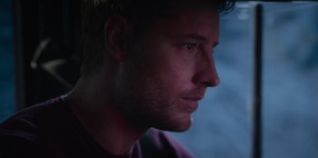 Movie still from “The Noel Diary” (2022), directed by Charles Shyer – A man's face in the dark; Close Up shot, Over the shoulder angle