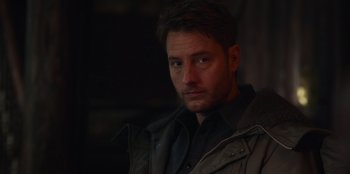 Movie still from “The Noel Diary” (2022), directed by Charles Shyer – A person wearing a jacket; Close Up shot, Over the shoulder angle